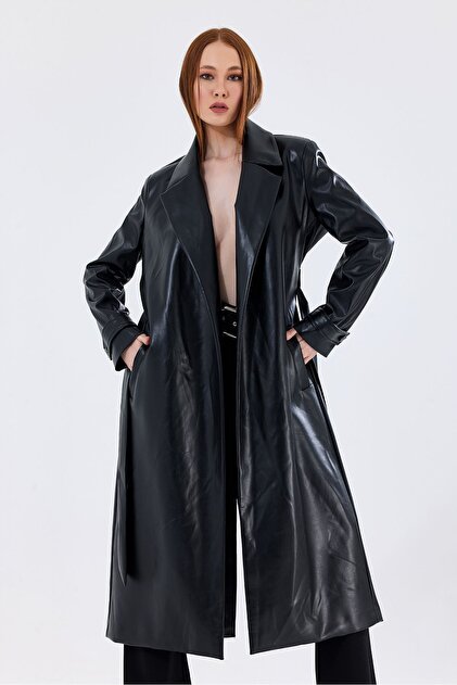 Sense Lined Belted Waist Belted Epaulettes Faux Leather Trench