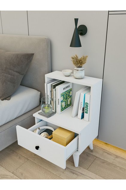 Sade Beyaz Komodin 1 Çekmeceli Açık Raflı Minimalist Yatak Odası 45x65 Cm