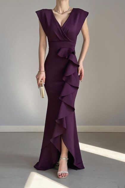ALFUDO Moda Collection Purple Scuba Fabric - Double Breasted Collar and  Flounced Skirt Evening Dress Graduation Wedding Dress- Trendyol
