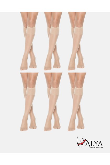 Kadın Parlak Diz Altı Çorap 15 Denye, İnce Fit, Açık Ten, 6'lı Paket