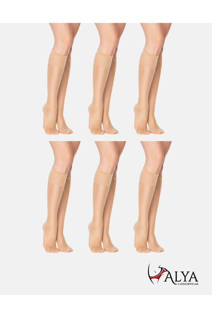 Kadın Parlak Diz Altı Çorap 15 Denye, İnce Fit, 6'lı Paket, Ten 57