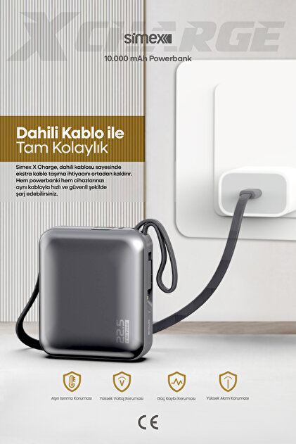 Simex 10.000 mAh 22,5W/PD Hızlı Şarj Kendinden Kablolu ve Şarj