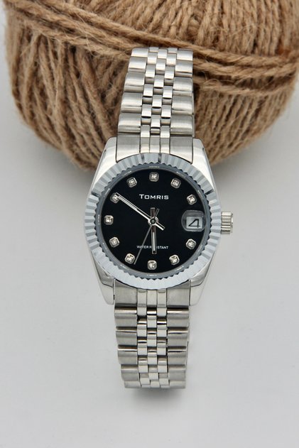 Steel Women's Wristwatch, Waterproof, with Calendar, Silver Color Cord, Black Women's Wristwatch