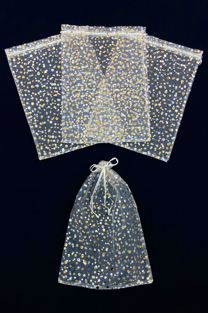 Gold Puantiye Tül Kese, 5 Adet Ölçü 24x34cm, Gelin Havlu Terlik Seccade Bohça Çeyiz Hediye Kesesi
