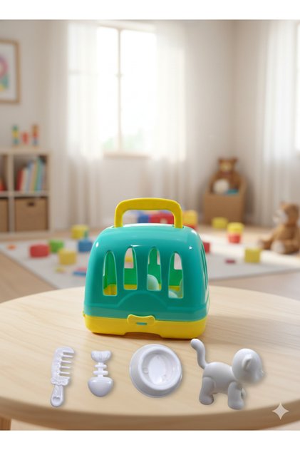 Aksesuarlı Hayvan Taşıma Kafesi Köpek-Kedi Taşıma Kafesi Mama Kabı Ödül Maması Figür Kedili Kafes