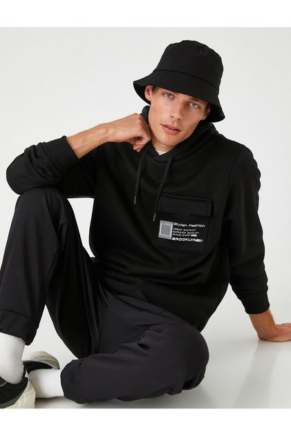 Kapşonlu Sweatshirt Şardonlu Slogan Baskılı Cep Detaylı