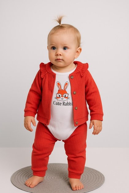 Baby Girl Ribbed Ruffle Detailed Cotton Bodysuit 3-Piece Baby Set