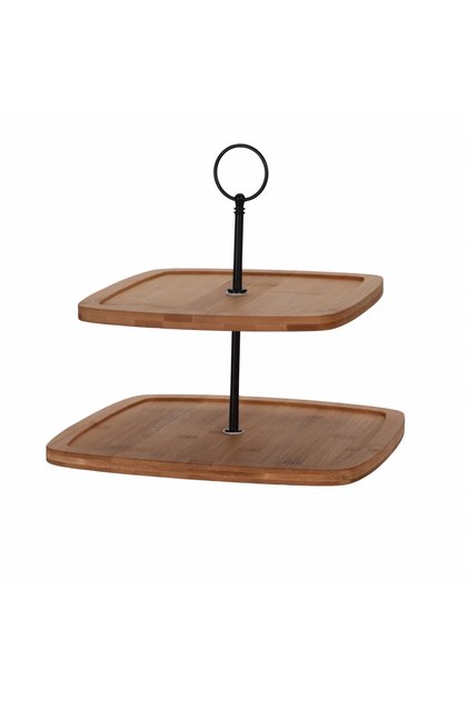 Tavă de servire dreptunghiulară cu 2 niveluri, bambus/metal, 25x25x23,5 cm, maro