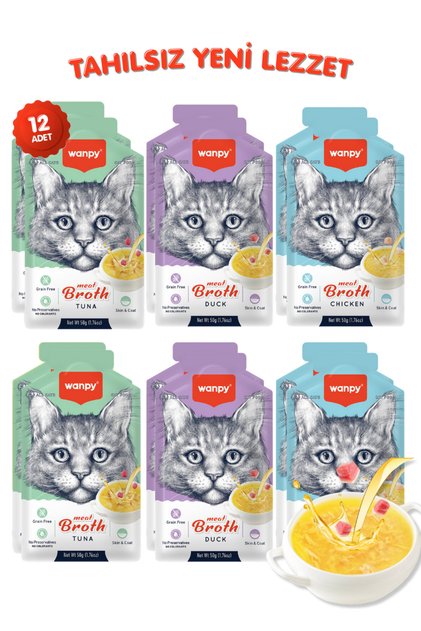 Karışık Aromalı Tahılsız Kedi Çorbası 50gr x 12 Adet Sıvı Kedi Ödülü 3 Çeşit