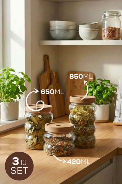 Set of 3 Glass Jars with Wooden Lids | Seasoning and Legume Storage Container 420Ml-650Ml-850Ml
