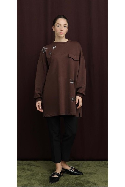 26K10736 TUNİK SWEAT ÖNÜ TAŞLI YILDIZ DETAYLI KAHVE