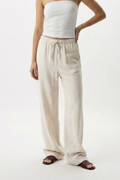 Linen Blend Ecru Loose Cut Trousers