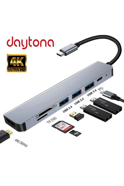 FC-17 Type-C To 3*usb 3.0 4K Ultra Hd HDMI Sd Tf Kart Girişli 7ın1 Çevirici Hub Adaptör