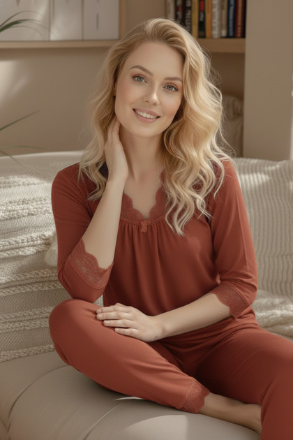 Kiremit Ring Viskon Dantel Detaylı Kısa Kol Pijama Takım