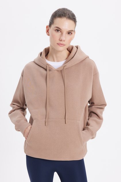 Women's Oversize Wide Cut Cotton Soft Textured Basic Mink Hooded Sweatshirt with Fleece Inside