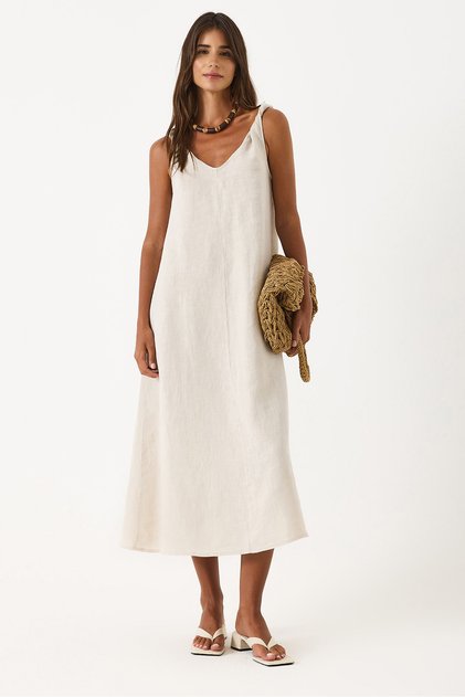 Women's 100% Linen Dress with Twisted Straps - Cream
