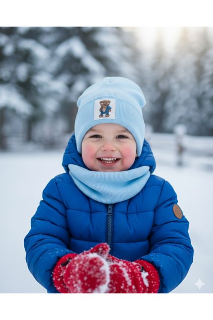 4-6 Years Old Unisex Children's Baby Blue Teddy Bear Label Ribbed 100% Cotton Beanie Neck Collar Set