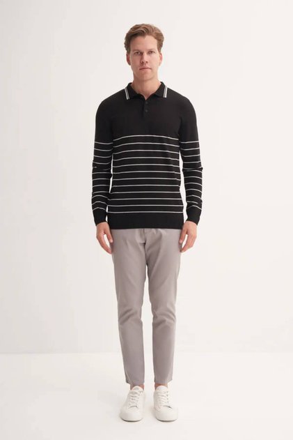 Slim Fit Viscose Textured Basic Stripe Detailed Polo Neck Sweater