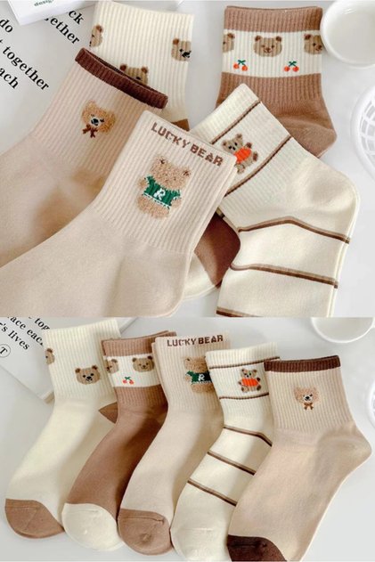 5 Paar Damensocken mit Bärenmuster
