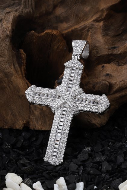 925 Ayar Gümüş Beyaz Taşlı Haç Kolye Ucu Büyük Boy(63mm)