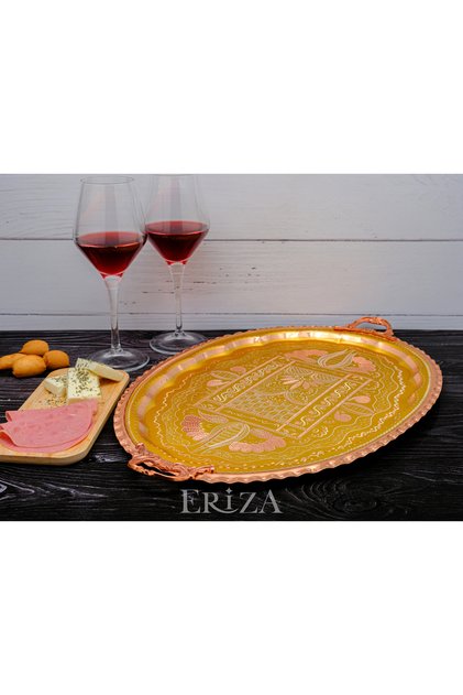 31x44 Cm Oval, Embroidered, Brass Handle Thick Copper Tea and Coffee Presentation, Serving Tray