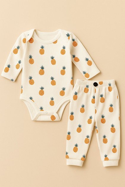 2li Ananas Desenli %100 Pamuklu Unisex Bebek Body Pantolon Takım