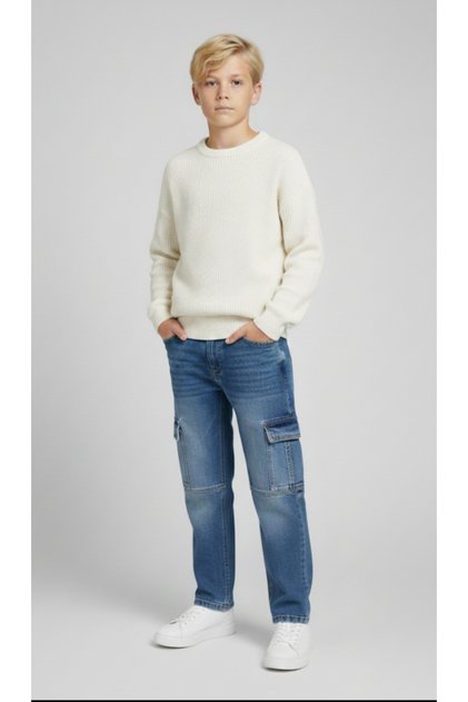 Boys' Adjustable Elastic Waist Zipper and Button Closure Cargo and Pocketed Loose Fit Denim Jeans