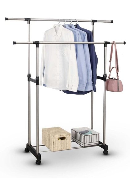 Double stainless steel clothes rack – sturdy base, easy to install, perfect organization for rooms and entryways