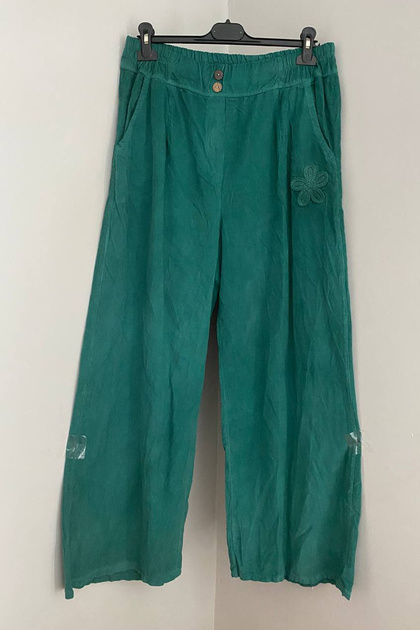 Women's Italian Mint Elastic Waist Floral Embossed Detailed Pocketed Wide Leg Velvet Trousers