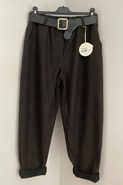 Women's Italian Brown Elastic Waist Belted Gingham Patterned Side Pocket Trousers