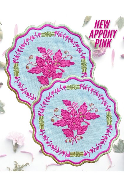 Nakışlı Keten 2'li Kokteyl Peçete, Herend Apponyi Uyumlu Pembe 16x16 cm Sunum Peçetesi