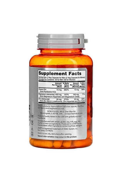 Now Foods Sports ZMA Sports Recovery Magnezyum Vitamin B6 Zinc 90