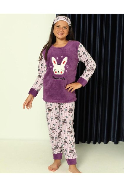 Girl's Fleece Pajama Set Purple, 100% Cotton, 2 Pieces, Home Wear with Sleep Band Gift