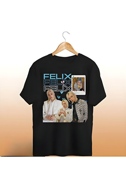 barsdepo Stray Kids Felix Baskılı Tişört, Oversize Unisex Siyah
