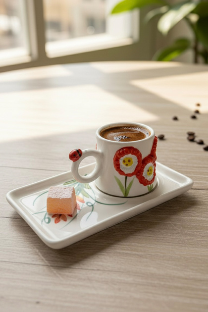 Handmade Red Floral Single Person 2 Piece Ceramic Coffee Cup Set