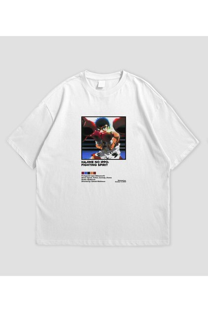 Hajime no Ippo Anime Baskılı Beyaz Oversize Tişört Unisex %100 Pamuk Bisiklet Yaka T-Shirt