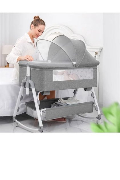 Adjustable Height Foldable Baby Bed with Large Storage Basket and Detachable Mosquito Net