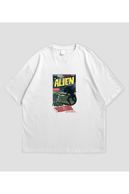 Alien Film Printed White Oversize T-Shirt Unisex Cotton Short Sleeve T-Shirt