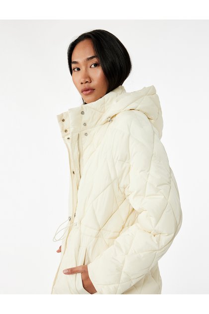 Beli Lace-Up Long Sleeve Pocketed Water Repellent Hooded Ecru Quilted Puffer Coat