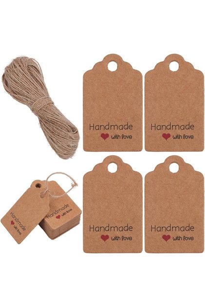 Handmade Kraft Etiket 100 Adet + 20 Metre Jüt İp – 3x5 cm Ürün Etiketi,