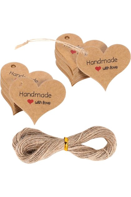 Kalp Şekilli Kraft Handmade Etiket 100 Adet + 20 Metre Jüt İp – 4x4 cm