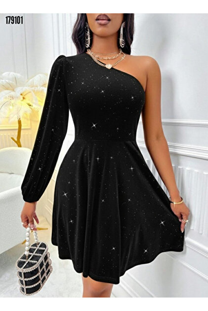 Modayakamoz New Season New Year's Elegance Women's Rhinestone One Shoulder  Long Sleeve Mini Dress- Trendyol