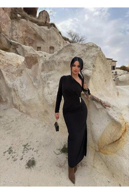 One Shoulder Slit Maxi Length Dress with Waist Accessory Draped