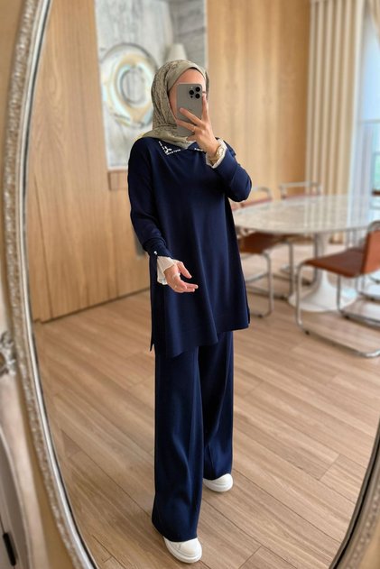 Tulle-Sleeved Mercerized Modest Set - Navy Blue