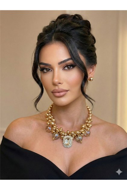Gold Renk İri Top Boncuklu ve Büyük Kristal Taşlı Abiye Gerdanlık Set