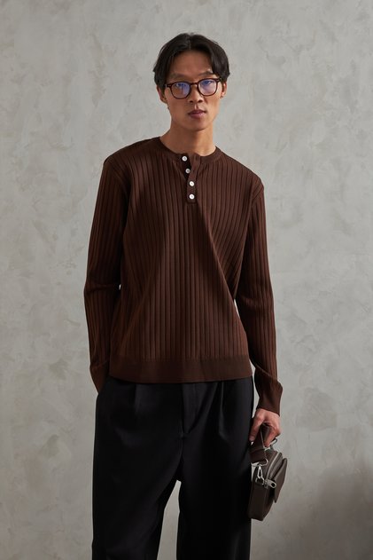 Men's Corded Fabric Crew Neck Buttoned Knitwear Sweater