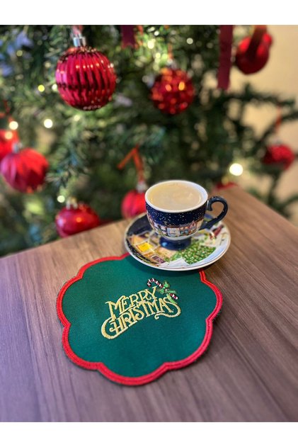 Merry Christmas New Year Theme Embroidered Coffee Side Cocktail Linen Presentation Napkin Coaster Single