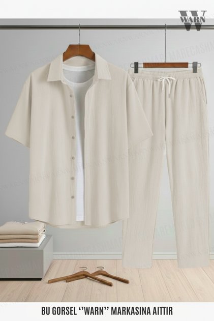 Crepe Fabric Short Sleeve Shirt - Trousers Set Stretch Fabric Unisex Women's Men's Set