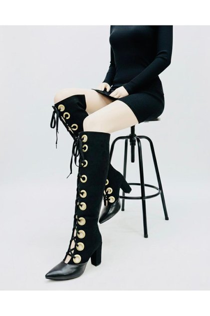 Black Suede Thick Heeled Boots with Gold Ring Detail 8.5 Cm-Feli̇sya Buti̇k