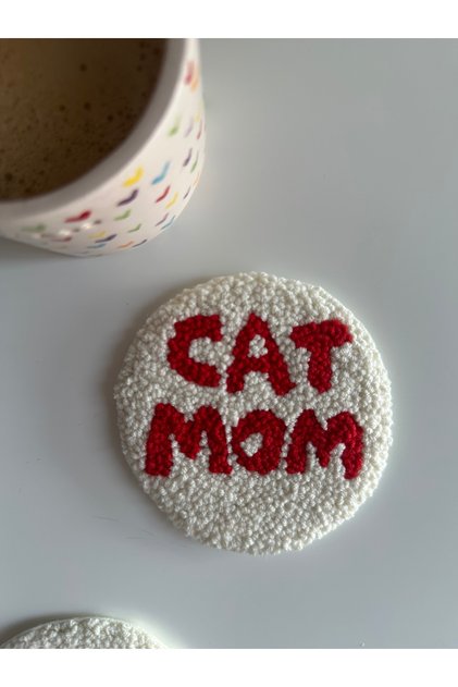 Efsarstudio Handmade Punch Needle Coaster with Cat Mom Written on It